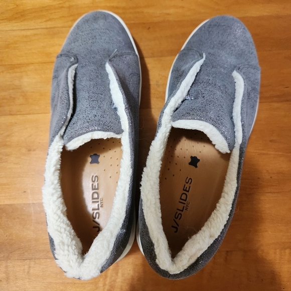 J/Slides Nada Pewter Metallic Suede Slip On Platform Shoes Faux Shearling Suede - Picture 10 of 11